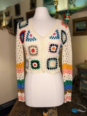 Crochet Patchwork V-Neck Cardigan Sweater - Cream Multicolor